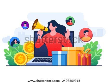 Refer a friend strategy concept flat illustration vector template, Woman with megaphone on laptop screen, Referral program, Affiliate marketing, Influencer marketing