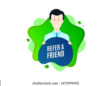 Refer a friend symbol. Cut out people badge. Referral program sign. Advertising reference. Dynamic shape offer. Refer friend text. Cut out people dynamic banner. Worker person badge. Vector