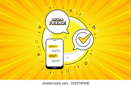 Refer a friend symbol. Yellow vector button with phone. Referral program sign. Advertising reference. Refer friend line icon. Abstract yellow background. Vector