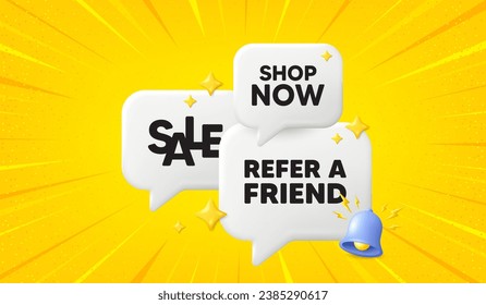 Refer a friend tag. 3d offer chat speech bubbles. Referral program sign. Advertising reference symbol. Refer friend speech bubble 3d message. Talk box banner with bell. Vector