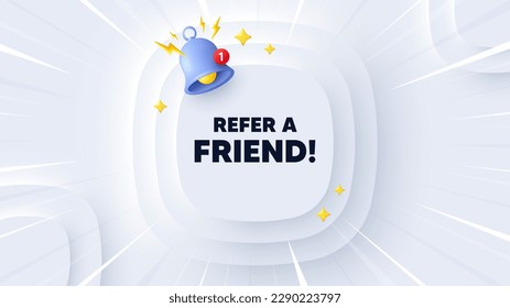 Refer a friend tag. Neumorphic banner with sunburst. Referral program sign. Advertising reference symbol. Refer friend message. Banner with 3d reminder bell. Circular neumorphic template. Vector