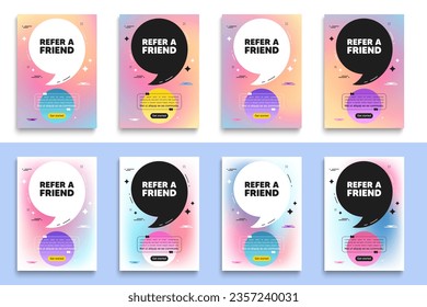 Refer a friend tag. Poster frame with quote. Referral program sign. Advertising reference symbol. Refer friend flyer message with comma. Gradient blur background posters. Vector