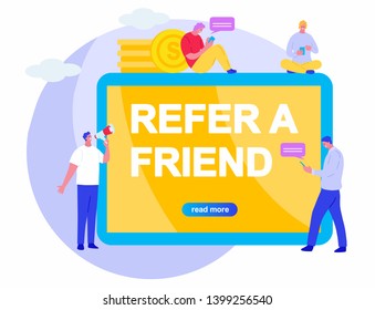 Refer a friend vector flat cartoon illustration concept, man shout on megaphone with refer a friend word, can use for landing page, template, ui, web, mobile app, poster banner or flyer. Digital busin