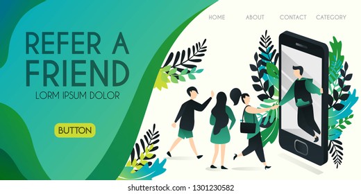Refer a friend vector illustration concept, the person coming out of the smartphone screen is grabbing the hands of people with refer a friend word, , can use for, landing page, template, ui, web