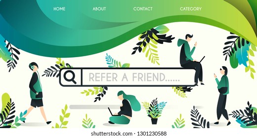 Refer a friend vector illustration concept, group of people who move around the search engine with refer a friend word , can use for, landing page, template, ui, web