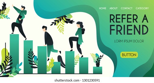 Refer a friend vector illustration concept, group of people climbing and climbing char bar statistics with refer a friend word , can use for, landing page, template, ui, web