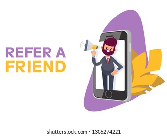 Refer a friend vector illustration concept, people shout on megaphone with refer a friend word, can use for landing page, template, ui, web, mobile app, poster banner or flyer. 