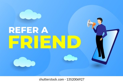 Refer a friend vector illustration concept, people shout on megaphone with refer a friend word, can use for, landing page, template, ui, web, mobile app.