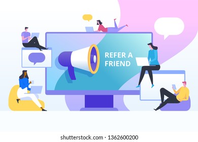 Refer a friend vector illustration concept. Social media marketing. Man shout on megaphone. Can use for landing page. Digital business advertising. 