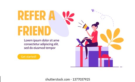 Refer a friend vector illustration concept. Group of young man and woman attracts customers for money and gifts. Referral program and social media marketing for friends.