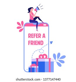 Refer a friend vector illustration concept in flat design. Group of young woman and woman attracts customers for money and gifts. Referral program and social media marketing for friends. 