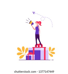 Refer a friend vector illustration concept in flat design. Group of young woman and woman attracts customers for money and gifts. Referral program and social media marketing for friends. 