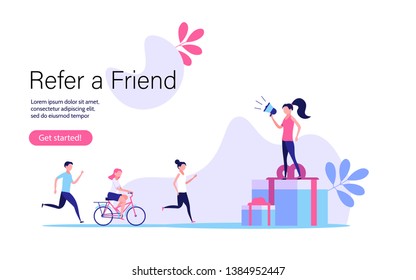 Refer a friend vector illustration concept. Group of young man and woman attracts customers for money and gifts. Referral program and social media marketing for friends.