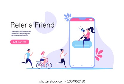 Refer a friend vector illustration concept. Group of young man and woman attracts customers for money and gifts. Referral program and social media marketing for friends.