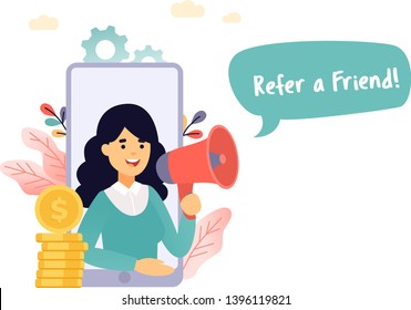 Refer a friend vector illustration concept, woman shout on megaphone with refer a friend word, can use for landing page, template, ui, web, mobile app, poster banner or flyer.