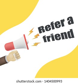Refer a friend vector illustration concept, people shout on megaphone with refer a friend word, , can use for, landing page, template, ui, web, mobile app, poster,