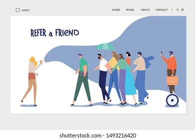 Refer a friend vector illustration concept. woman shouting into a megaphone inviting friends to referrals. Share referral code, can use for landing page template, ui, web, mobile app, poster, banner, 