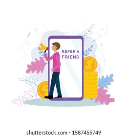 Refer a friend vector illustration concept, man shout on megaphone for landing page, Digital business advertising, Social media marketing.