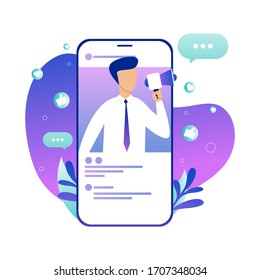 Refer a friend vector illustration concept, man shout on megaphone, can use for landing page, Digital business advertising. Social media marketing