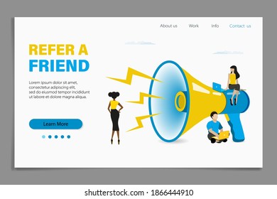 Refer a friend vector illustration concept. Group of young man and woman attracts customers. Referral program and social media marketing for friends. vector illustration.