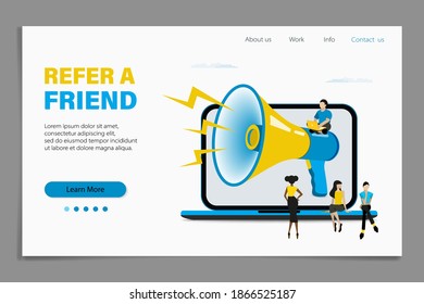 Consulte el concepto de ilustración de vector de un amigo. Un grupo de jóvenes atrae a los clientes. Programa de referencia y marketing en medios sociales para amigos. ilustración vectorial.