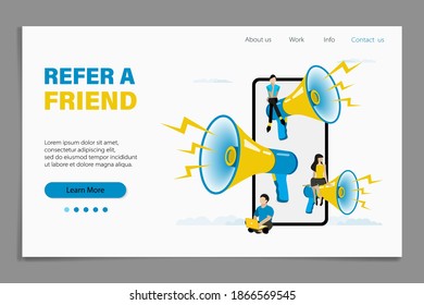 Refer a friend vector illustration concept. Group of young man and woman attracts customers. Referral program and social media marketing for friends. vector illustration.