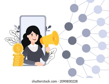 Refiérase a un concepto de ilustración de vector amigo, la mujer grita en megáfono con referencia a una palabra amiga, puede usar para página de inicio, plantilla, ui, web, aplicación móvil, cartel o volante.
