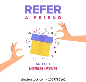 Refer a Friend Vector Illustration of two Hands and Gift Box. Friend Sharing Referral Code Concept