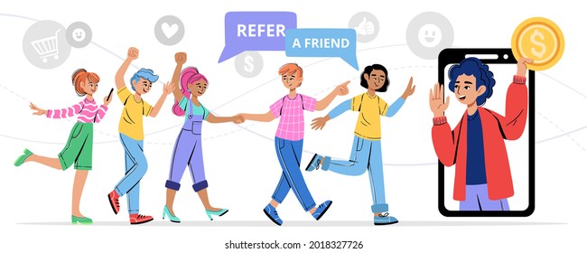 Refer a friend vector illustration. Young man invites his friends to a referral program, marketing concept. Business partnership strategy with group of people. Referral system, group of customers.