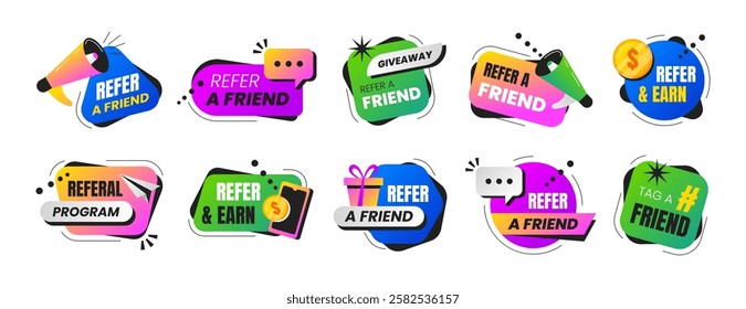 Refer a friend vector set badges. Referral program stickers or speech bubbles with loudspeaker, smartphone, tag and megaphone icons. Marketing design labels, signs for advertising or business network.