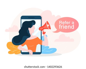 Refer a friend web banner concept. Woman make promotion through megaphone. Marketing strategy. Isolated vector illustration in cartoon style