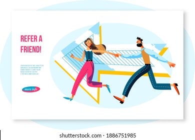 Refer friend web page template, woman recommending man. Business referral vector illustration. People thinking, asking for job, friend recommending person. Arrow symbol sign, running to company.