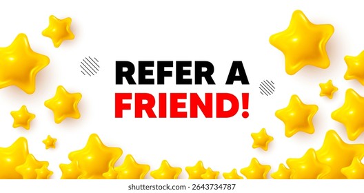 Indique o banner do vencedor do amigo com estrelas 3d. Banner das estrelas douradas. Indique uma tag friend. Sinal do programa de indicação. Símbolo de referência de publicidade. Revisar plano de fundo da taxa. Vetor
