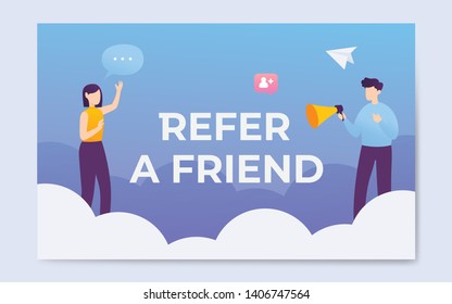 Refer a friend word concept vector illustration with people shout on megaphone and waving hand, landing page, template, ui, web, mobile app, poster, banner, flyer