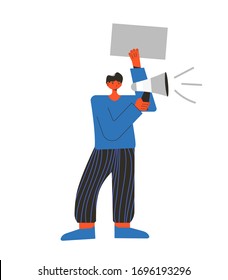 Refer a friend. Young man standing and holding placard and megaphone isolated on white background. Single picket. Male character taking part in parade, processions. Vector illustration.