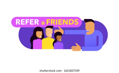 Refer a friends banner - referral program poster or web template - man character calls his friends - isolated vector flat abstract illustration