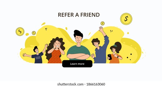 Refer a friends. Make money together and get discounts and bonuses. Affiliate program. Friends sharing a great service. Influence group of people. Modern flat illustration for mobile apps, banner, tem