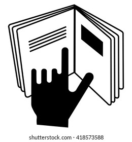 Refer to insert cosmetics symbol , a hand pointing at a book icon , vector illustration