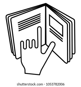 Refer to insert symbol used on cosmetics products. Sign displaying hand pointing to text in open book meaning read instructions.