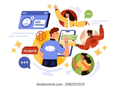 Refer and invite friends to loyalty program, social media community. Tiny influencer using phone app to add new familiar customers in circle profile avatars to group cartoon vector illustration