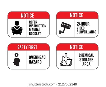 refer manual booklet, 24 under surveillance, overhead hazard, chemically storage area warning sings vector illustration