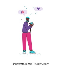 Refer your friend program. Referral marketing, business and sharing news. Man with mobile phone in hand send network messages to friends and colleagues. Vector isolated illustration