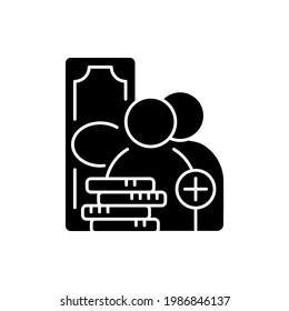 Refer-a-friend-program black glyph icon. Referral program. Receiving bonus, benefit. Rewards card. Encouraging existing customers. Silhouette symbol on white space. Vector isolated illustration