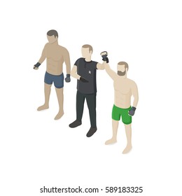 Referee announces victory of MMA fighter during Championship on mixed martial arts. Isometric view. Vector flat illustration.