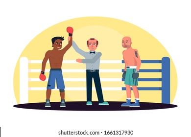 Referee announcing afro-american boxer win in ring. Fighter in red gloves victory. Caucasian male opponent lost. Champion announcement. Winning, leadership and hard work. Vector flat illustration