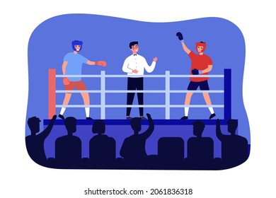 Árbitro anunciando el ganador del partido a la audiencia. Feliz campeón boxeador levantando la mano en la ilustración plana del vector de boxeo. Victoria, concepto deportivo para banner, diseño de sitio web o página web de aterrizaje