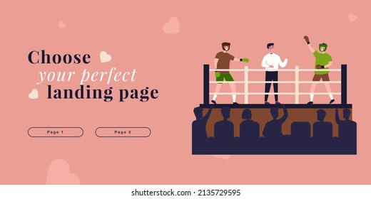 Referee Announcing Winner Of Match To Audience. Happy Boxer Champion Raising Hand On Boxing Ring Flat Vector Illustration. Victory, Sports Concept For Banner, Website Design Or Landing Web Page