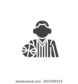 Referee with basketball ball vector icon. filled flat sign for mobile concept and web design. Basketball Referee glyph icon. Symbol, logo illustration. Vector graphics