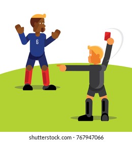 referee in black suit give red card for blue team soccer player out of match play
