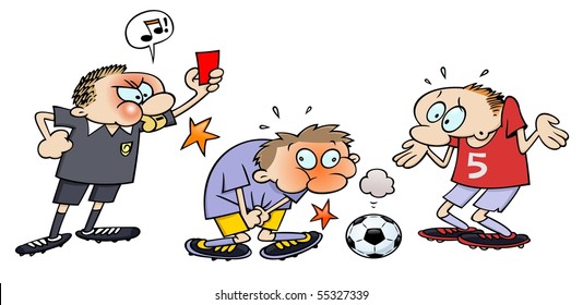 A referee blowing his whistle while giving a soccer player a red penalty card for kicking his opponent in the nuts